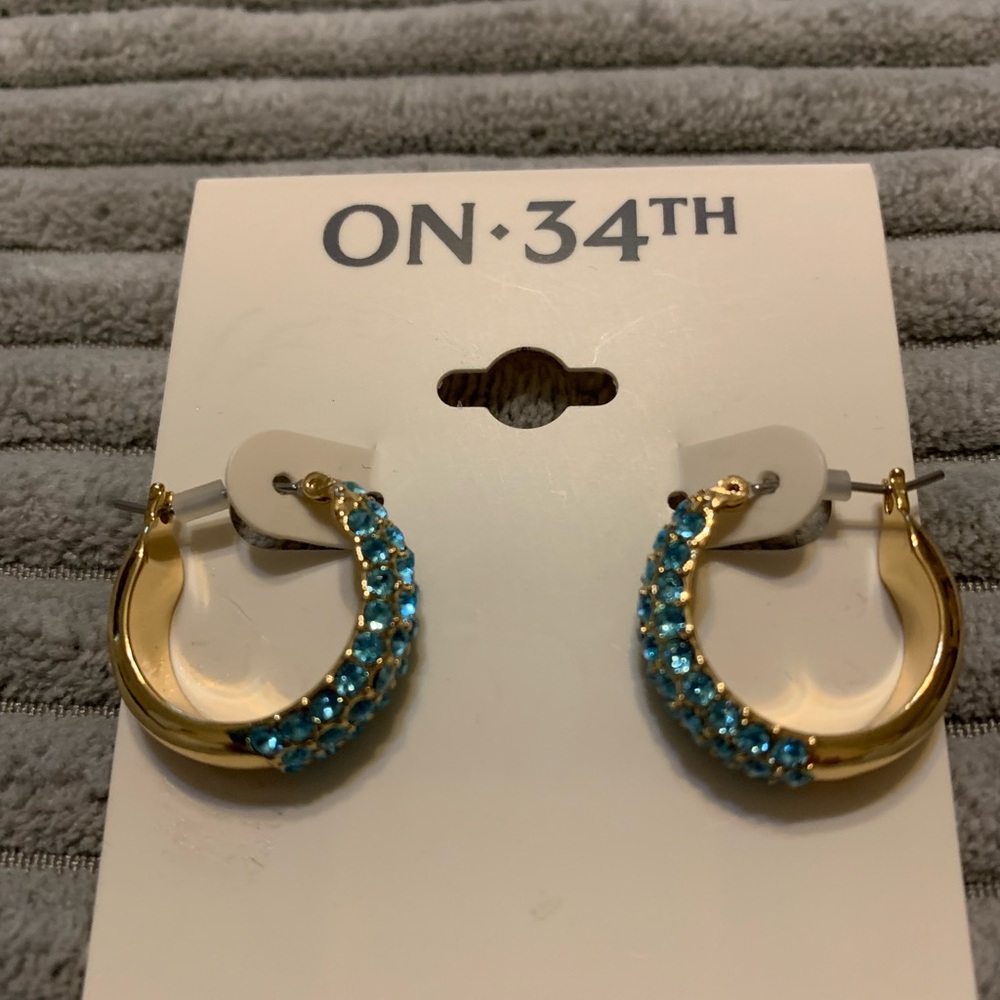 Gold and Blue Huggie Earrings with Sparkling Crystals